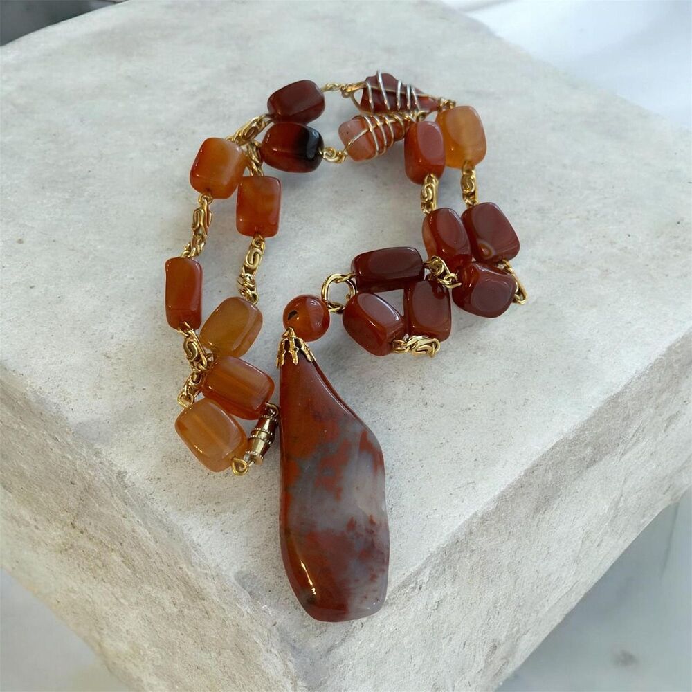 Canyon Echo Plume Agate Carnelian Necklace – Artisan Desert Statement Jewelry